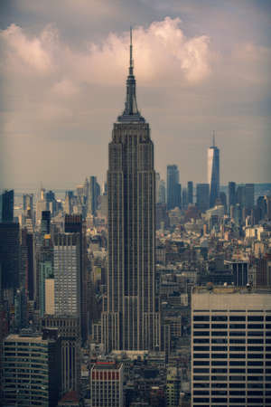 View of the Empire State Building and lower Manhattan from the Top of the Rock, Rockefeller Center in New York, USAのeditorial素材