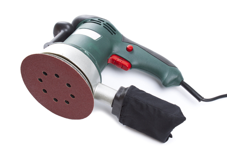 Electric sandpaper tool for home handyman use, isolated on white background.の写真素材