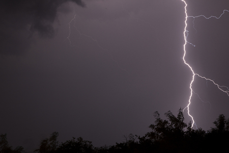 lightnings and thunder bold stike at summer storm,Huge fork lightnings and thunder during heavy summer storm.の写真素材