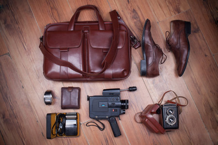 Men's casual outfits on wooden  background,Still life with casual man.