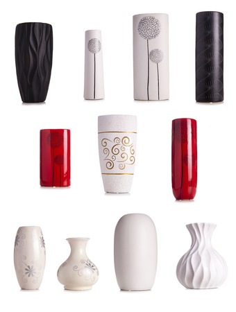 Modern vase, cream, black and red tall ceramic vase, decoration object isolated on white background.の写真素材