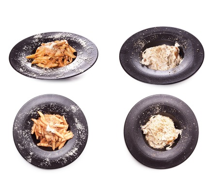 pasta with kidney bean and parmesan cheese on a plate close-up on white. Horizontal view from above, pasta in cheese sauce with beef meat, tomatoes, parmesan, basil on plate .Italian cuisine.の写真素材