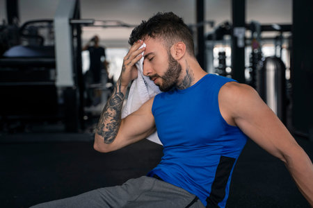 Handsome male with tattoos in his 20s tired in the gym, removing sweat with towel
