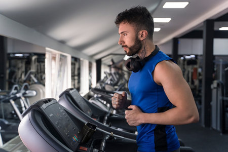 Handsome male with tattoos in his 20s running on the treadmill in the gym