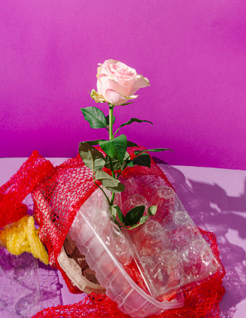 A fresh pink rose growing from plastic, nets, cardboard and other garbage. Raising ecological awareness concept. Keep the nature clean creative design.の写真素材