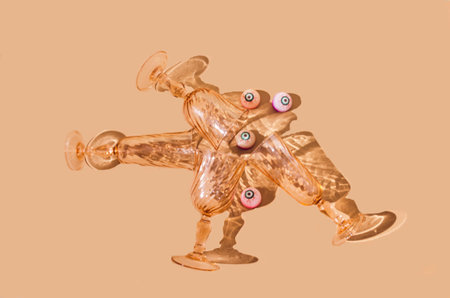 Two yellow wine and two champaign glasses lying on a beige background, as well as four eye balls. Halloween party invitation or banner creative concept.の写真素材