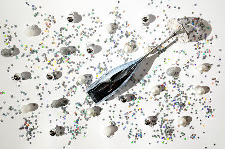 A silver blue Champagne glass on white background with small white and silver Christmas decoration...