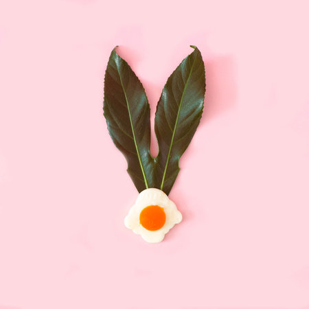 A fake fried egg with two green leaves as ears. Minimal surreal concept for Easter celebration banner or card or editorial. Flat layの写真素材