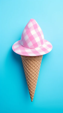 An ice cream cone with a sun hat against pastel blue background. Minimal concept for summer season or holidays banner or advertisement. Generative AI. Illustrationの素材