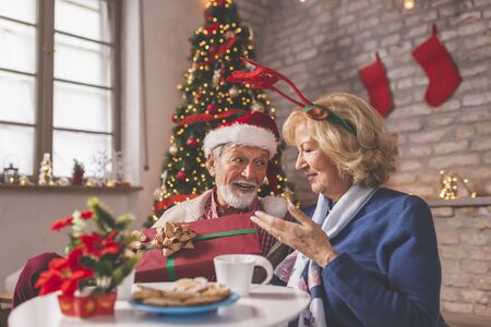 Happy senior couple sitting by nicely decorated Christmas tree, celebrating Christmas at home, having fun exchanging Christmas presentsの写真素材