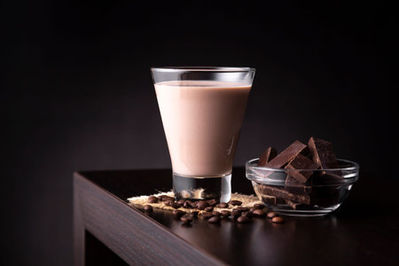 Irish cream cocktail served in a cocktail glass on a bar counter with coffee beans and chocolate as...