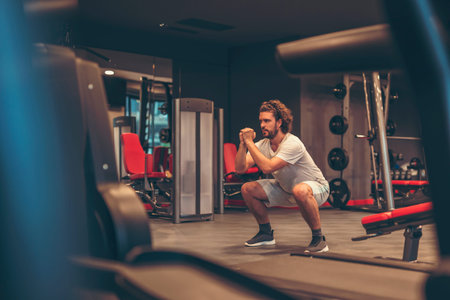 Athletic young man working out in the gym, doing squats on leg day