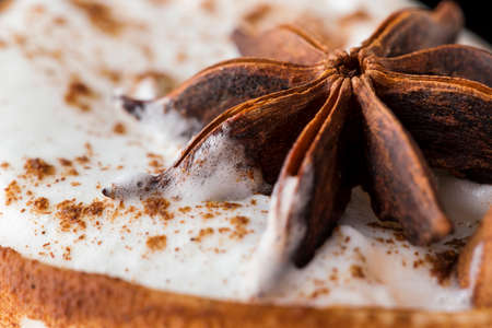 Delicious creamy homemade eggnog served in glasses with cinnamon rim decorated with anise star and cinnamon sticks - traditional winter holidays cocktailの写真素材