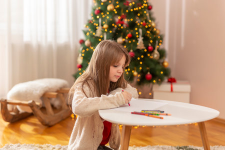 Beautiful little girl sitting by nicely decorated Christmas tree, having fun while making Christmas decorations, cutting out paper snowflakesの写真素材