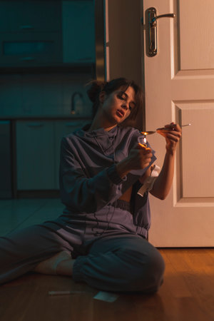 Junike shooting up with heroin; female drug addict injecting herself with heroin dose intravenously;...