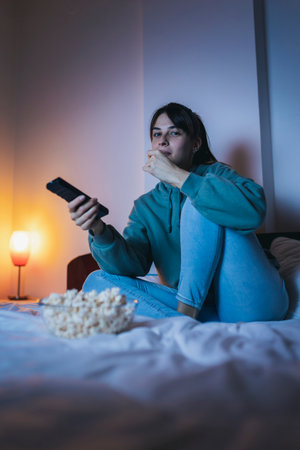 Beautiful young woman wearing pajamas sitting in bed, eating popcorn and watching TV, relaxing at home late at nightの写真素材