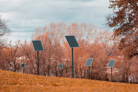 Solar panels in a row powering street lights in the park as part of a project ment to popularize ...