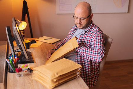 Man sending mail; small business owner packing products for delivery; entrepreneur getting online store orders ready for shippingの写真素材