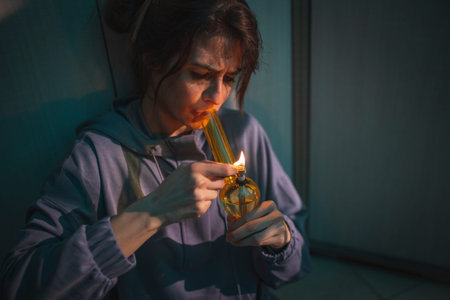 Junkie sitting on the floor in the dark, preparing next intravenous cocaine dose, using a lighter...