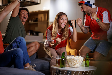 Group of cheerful football fans having fun cheering and celebrating after their team scoring a goal while watching world championship game on TV at homeの写真素材