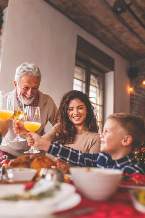 Happy family celebrating Christmas all together at home, gathered around the table, making a toast...