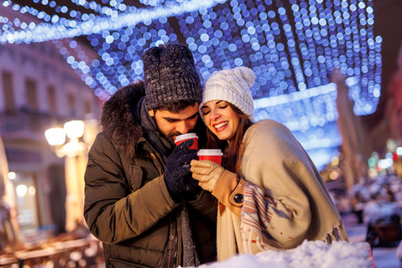 Beautiful young couple in love having fun walking down decorated city streets, drinking hot mulled wine while celebrating Christmas outdoorsの写真素材