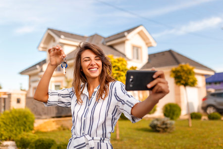 Beautiful young woman standing in front of her new house, taking a selfie using smart phone with the keys of her newly purchased propertyの写真素材
