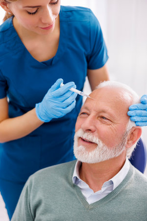 Doctor applying dermal fillers to senior male patient; senior man getting hyaluronic acid or botox anti-age treatmentの写真素材