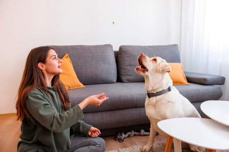 Beautiful young woman spending leisure time at home with her pet, Labrador dog, teaching him tricks and giving him treatsの写真素材