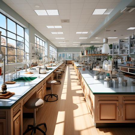 Modern chemistry cabinet or science classroom interior design with chemistry glasswear and reagents on desks - back to school conceptの素材