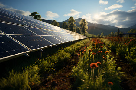 Solar cells in solar farm in countryside on sunny summer day - generative AI of renewable eco friendly green energy production conceptの素材