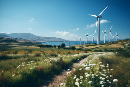 Generative AI image of a wind park in countryside with wind turbines scatered on a meadow on sunny summer day - green renewable energy sources conceptの素材