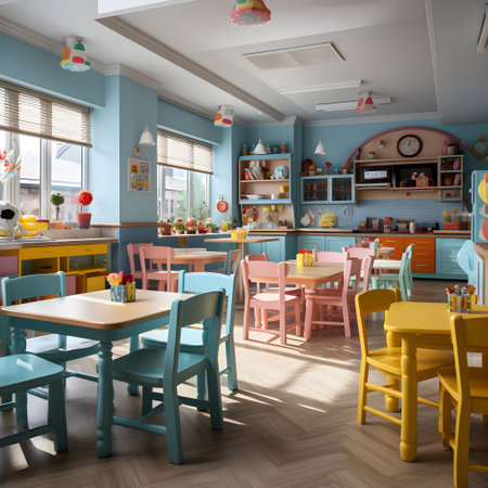 Beautiful pastel colored interior design of nursery room; AI generated kindergarten playroom interior designの素材