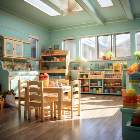 Beautiful pastel colored interior design of nursery playroom or children daycare center; AI generated kindergarten classroom interior designの素材
