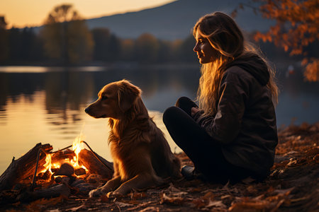 Young woman camping by the lake with her dog, enjoying sunset while spending beautiful autumn day outdoorsの素材