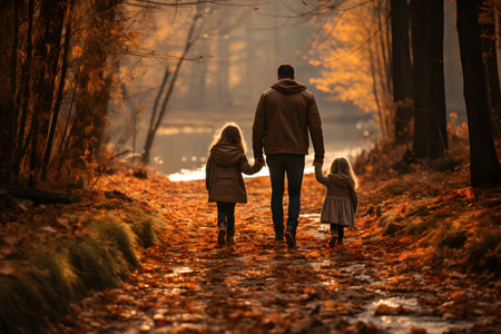 Father having fun playing and running with his children while spending autumn day outdoors in natureの素材