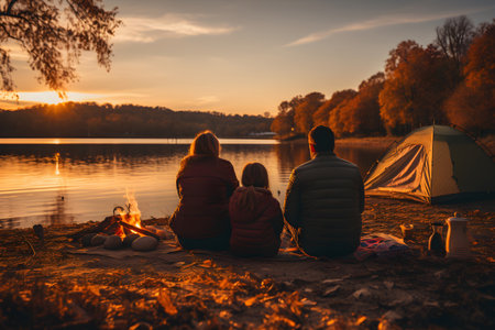 Active casual young family spending time in nature sitting by the fire while camping by the lake, enjoying beautiful autumn sunset togetherの素材