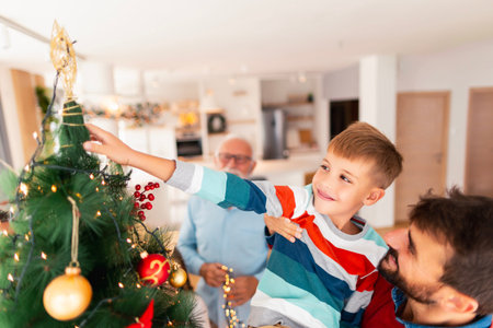 Three generations of men decorating Christmas tree, getting ready for celebrating winter holiday...