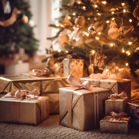 Heap of beautifully wrapped Christmas presents placed underneath Christmas tree in cozy domestic living roomの素材
