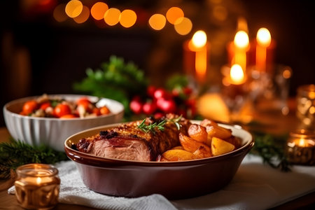 Table filled with numerous delicious dishes ready for family Christmas dinner at home; Christmas table setting with food and drinks and no peopleの素材