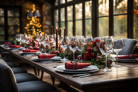 Beautiful Christmas or New Year dinner table setting in cozy warm home domestic atmosphere with Christmas tree and lights in the background and no peopleの素材