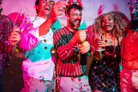 Group of cheerful young friends having fun opening a bottle of champagne and dancing at New Year party midnight countdownの写真素材