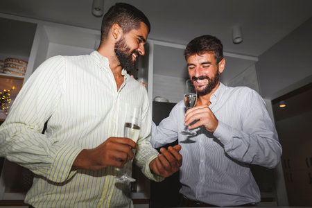 Male friends having fun celebrating New Year's Eve together, making a toast raising glasses of champagne at midnight countdownの写真素材