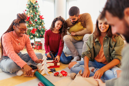 Group of cheerful young friends having fun wrapping Christmas presents and decorating home for winter holiday seasonの写真素材