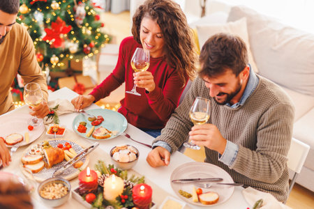 Beautiful young couple in love having fun drinking wine  and laughing while having Christmas dinner with friends at homeの写真素材