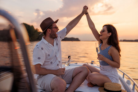 Couple in love enjoying summer vacation, having fun and drinking champagne while sailing to the sunset on a boatの写真素材