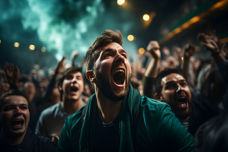 Group of excited pasionate soccer fans cheering and supporting their national team while watching an international game in the stadiumの素材