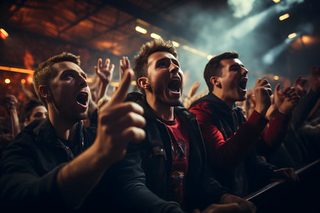 Group of excited pasionate soccer fans cheering and supporting their national team while watching an international game in the stadiumの素材