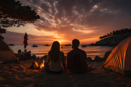 Couple in love camping on the beach, looking at beautiful sunset over the sea and relaxing while on summer vacationの素材