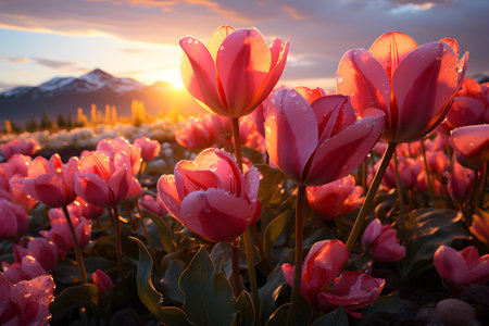 Low angle view of colorful tulip field in Netherlands in sunriseの素材